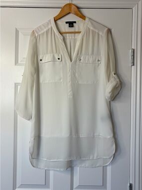 Suzy Shier Ivory Sheer Popover V Neck Rolltab 3/4 Sleeve Utility Blouse Size M